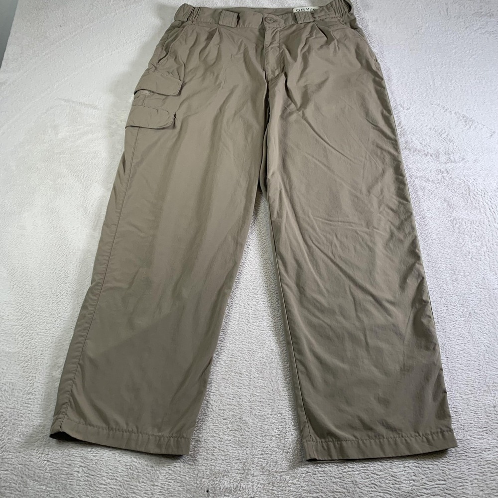 Orvis Pants Mens 34x28 Beige Nylon Hiking Cargo Elastic Waist Zip Pockets Travel